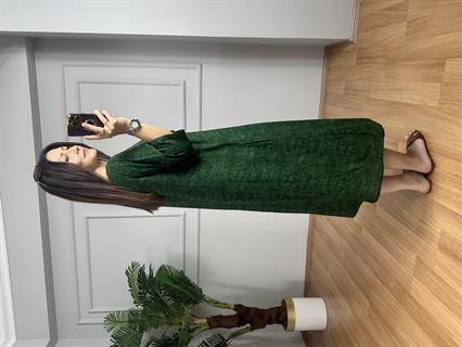 Rio Yeşil-Siyah Tahta Diğme Detaylı Pamuk Viskon Elbise