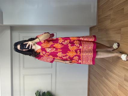 Riva Pembe-Turuncu Yakalı Pamuk Viskon Elbise 