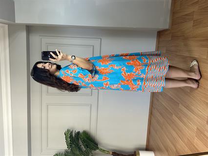 Riva Turkuaz-Turuncu Yakalı Pamuk Viskon Elbise 