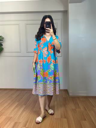 Riva Turkuaz-Turuncu Yakalı Pamuk Viskon Elbise 