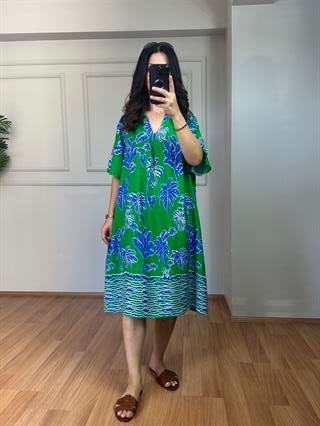 Riva Yeşil-Mavi Yakalı Pamuk Viskon Elbise 
