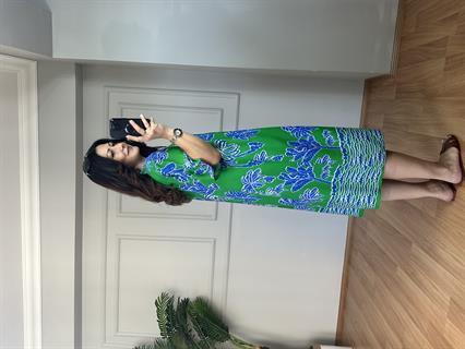 Riva Yeşil-Mavi Yakalı Pamuk Viskon Elbise 