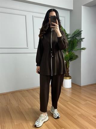 Rova Kahve Modal Bel Bağlama Deralı Şalvarlı Takım