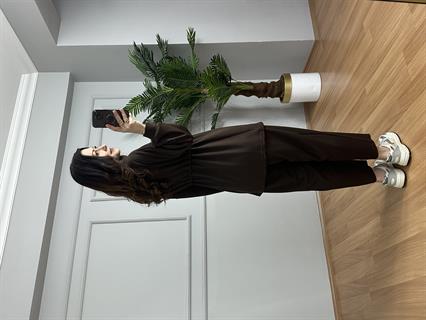 Rova Kahve Modal Bel Bağlama Deralı Şalvarlı Takım