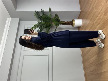 Rova Lacivert Modal Bel Bağlama Deralı Şalvarlı Takım