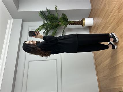 Rova Siyah Modal Bel Bağlama Deralı Şalvarlı Takım