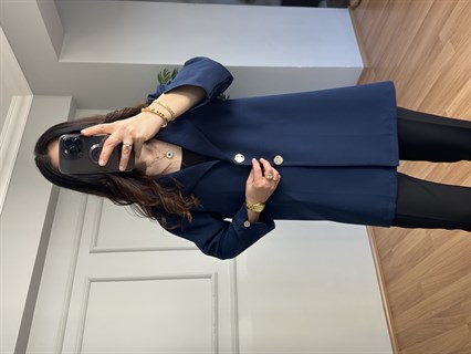 Rozita Lacivert İthal Krep Kumaş Düğmeli Ceket