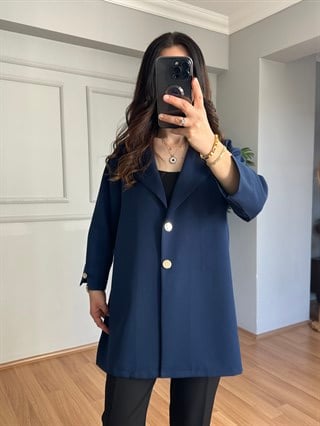 Rozita Lacivert İthal Krep Kumaş Düğmeli Ceket