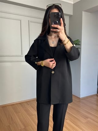 Rozita Siyah İthal Krep Kumaş Düğmeli Ceket
