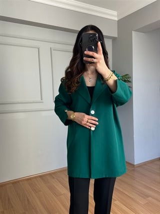 Rozita Zümrüt Yeşili İthal Krep Kumaş Düğmeli Ceket