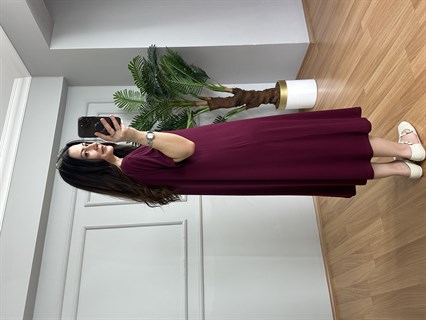 Samya Bordo Tahta Boncuk Detaylı Lilralı Elbise