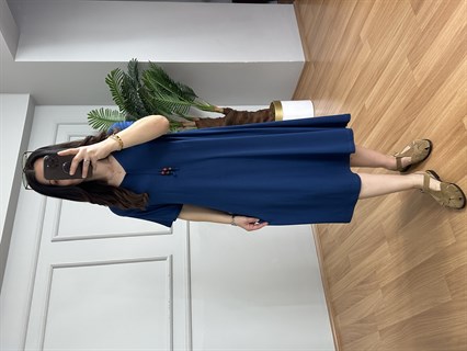 Samya Lacivert Tahta Boncuk Detaylı Lilralı Elbise 