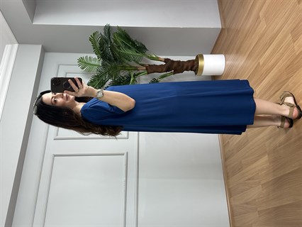 Samya Lacivert Tahta Boncuk Detaylı Lilralı Elbise 