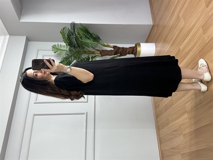 Samya Siyah Tahta Boncuk Detaylı Lilralı Elbise