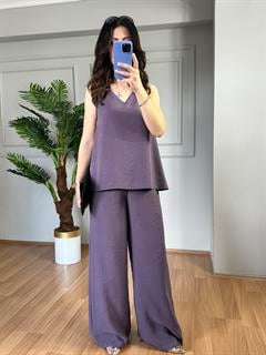Sandia Lila Tensel Modal Kumaş Bluz Pantolon Takım