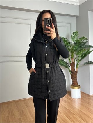 Sandra Siyah Kapitone Kemerli Yelek