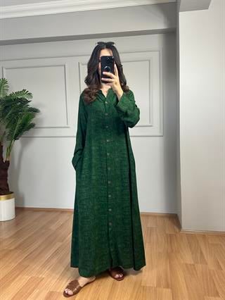 Selin Yeşil Hare Desenli Gömlek Elbise