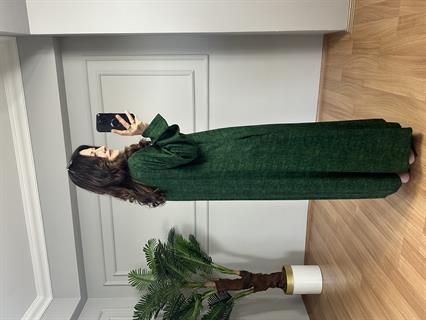 Selin Yeşil Hare Desenli Gömlek Elbise