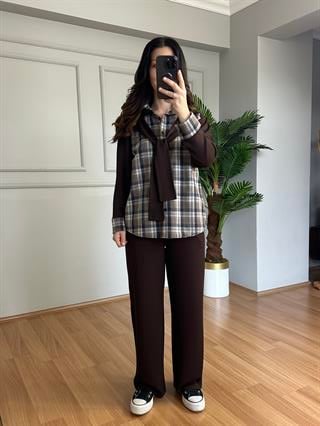 Sery Kahve Ekose Modal Gömlekli Takım