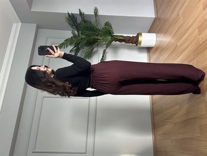 Sidya Bordo Beli Lastikli Pamuk Keten Palazzo Pantolon