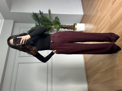 Sidya Bordo Beli Lastikli Pamuk Keten Palazzo Pantolon