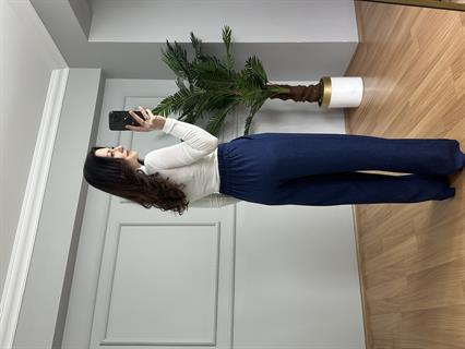 Sidya Lacivert Beli Lastikli Pamuk Keten Palazzo Pantolon