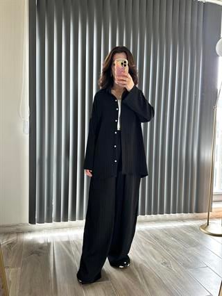 Siyah Gofre Kumaş Gömlek Pantolon Takım