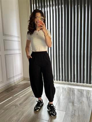 Siyah Pamuk Keten Şalvar Pantolon