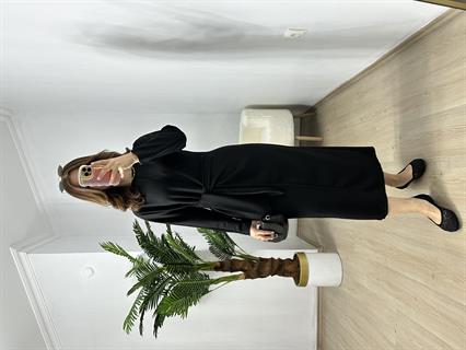 Siyah Penye Modal Bel Bağlamalı Elbise