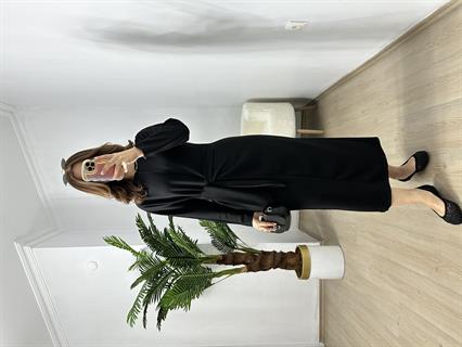 Siyah Penye Modal Bel Bağlamalı Elbise