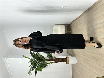 Siyah Penye Modal Bel Bağlamalı Elbise