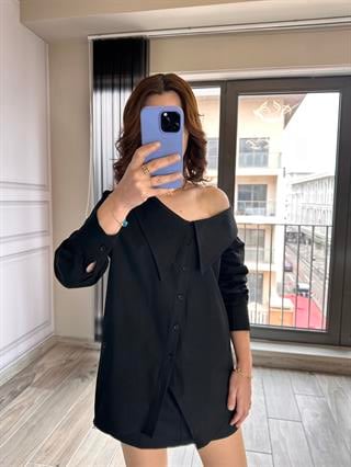 Siyah Tasarım Büyük Yaka Poplin Gömlek