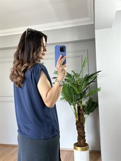 Sofya Lacivert Orj Marka Kolları Pilise Detaylı Tshirt 