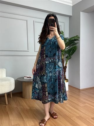 Stella Mavi Desenli V Yaka Viskon Elbise