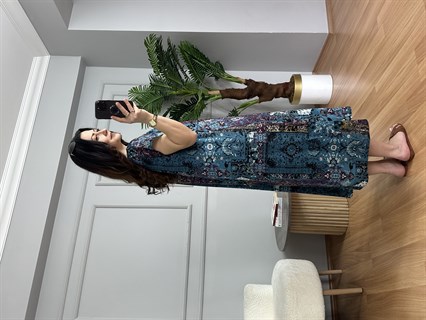 Stella Mavi Desenli V Yaka Viskon Elbise