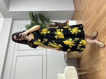 Stella Sarı Çiçek Desenli V Yaka Viskon Elbise