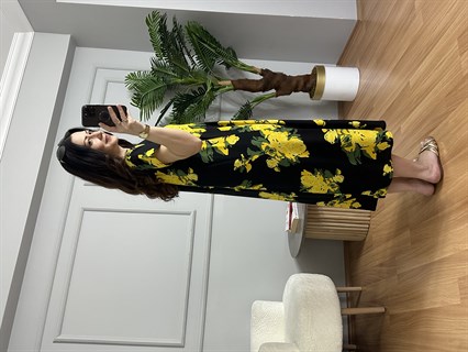 Stella Sarı Çiçek Desenli V Yaka Viskon Elbise