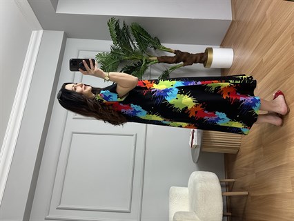 Stella Siyah Desenli V Yaka Viskon Elbise