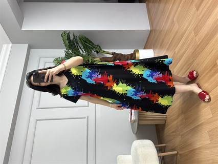 Stella Siyah Desenli V Yaka Viskon Elbise