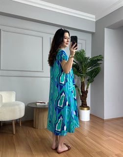 Stella Yeşil Desenli V Yaka Viskon Elbise