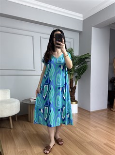 Stella Yeşil Desenli V Yaka Viskon Elbise