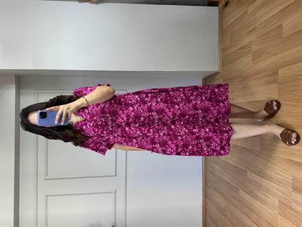 Sümbül Pembe Dik Yaka Pamuk Viskon Elbise