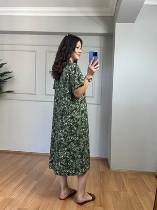 Sümbül Yeşil Dik Yaka Pamuk Viskon Elbise