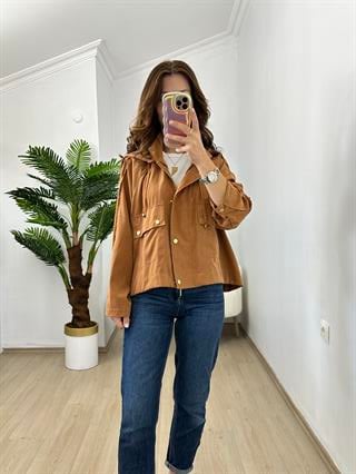 Tarçın Süet Gold Çıtçıtlı Trençkot