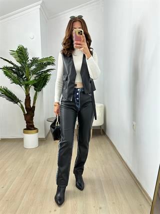 Tasarım Deri Jean Detaylı Yelek Pantolon Takım
