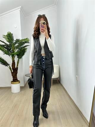 Tasarım Deri Jean Detaylı Yelek Pantolon Takım