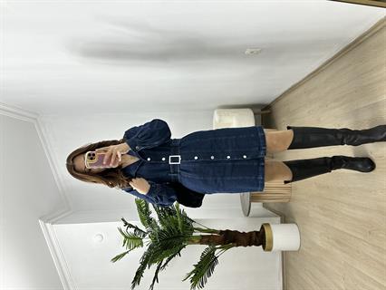 Terra Çelik Düğme Detaylı Kuşaklı Jean Elbise