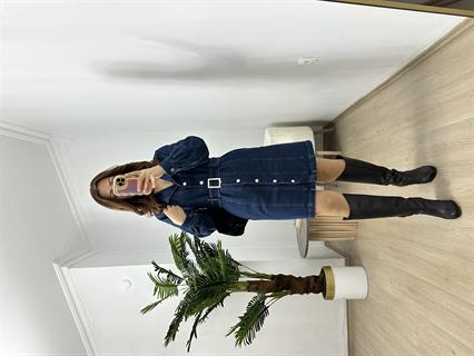 Terra Çelik Düğme Detaylı Kuşaklı Jean Elbise