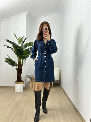 Terra Çelik Düğme Detaylı Kuşaklı Jean Elbise