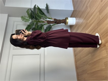Tiana Bordo Beli Büzgülü Gömlek Pantolon Takım 